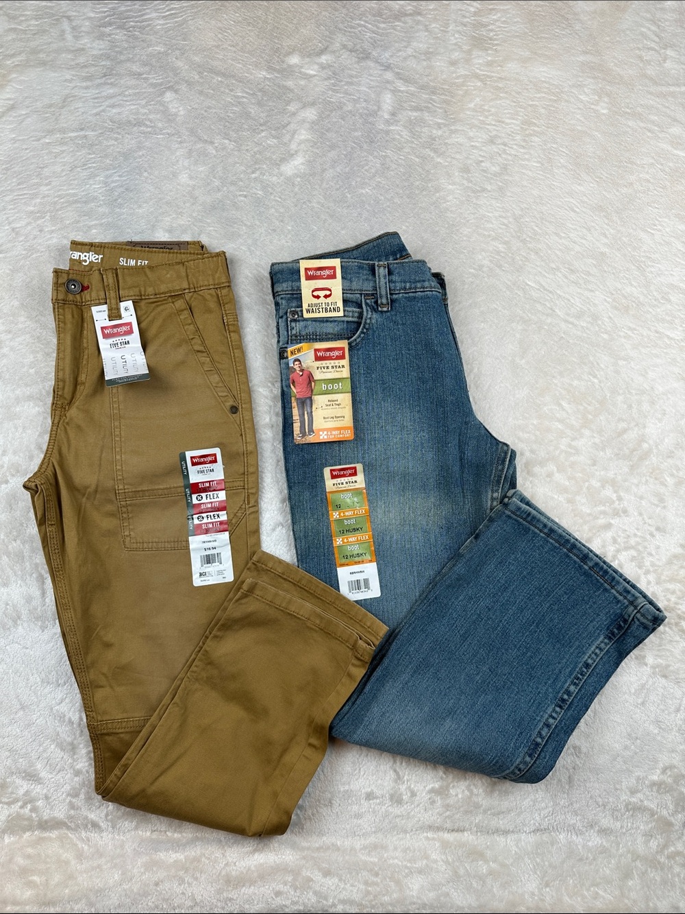 2 Pair Wrangler Boys 12 Husky Pants Lot Jeans Utility Slim Bootcut Flex NWT